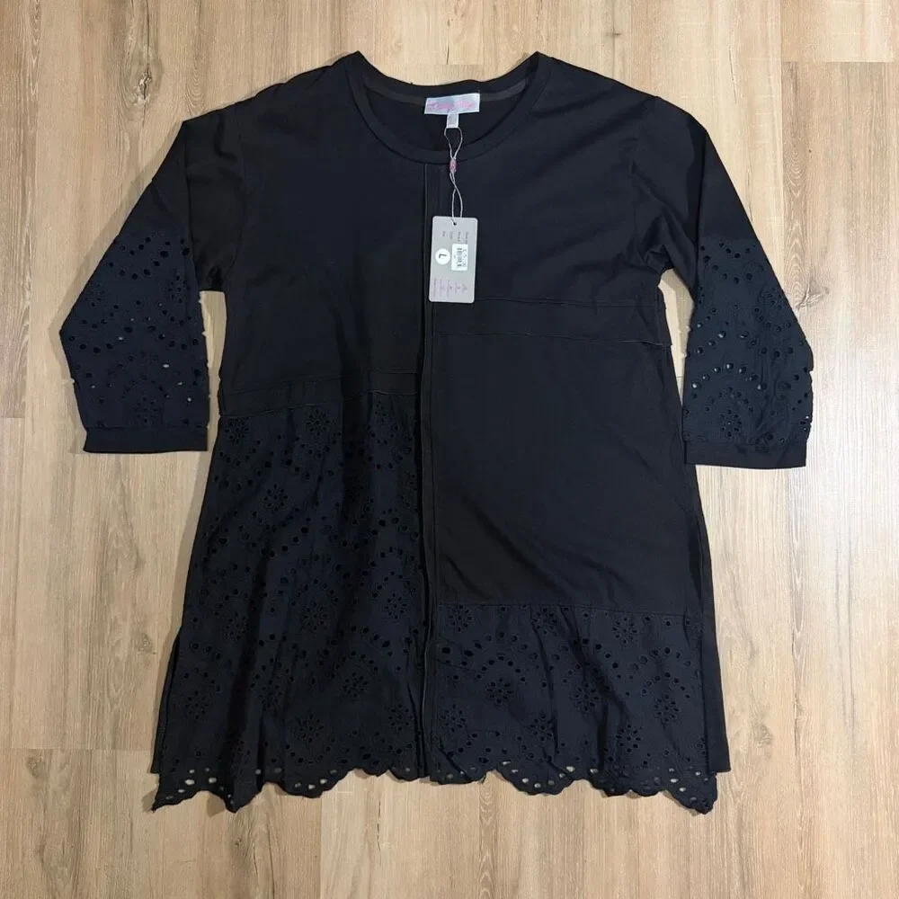 Vintage Pretty Angel Y2K Tunic Top Black Boho Embroidered Shirt Sz L Witchy Alt